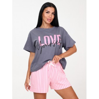 Пижама  женская       из кулирки    футболка с шортами   Серый, Розовый  Надписи