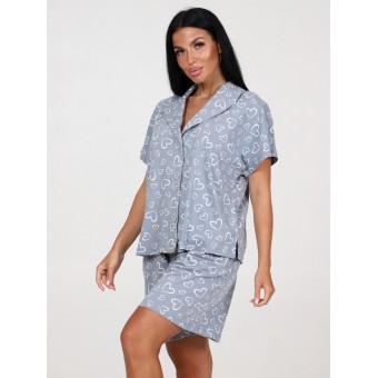 Пижама  женская       из кулирки    рубашка с шортами   серая  Сердечки