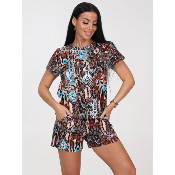 Пижама женская из кулирки футболка с шортами разноцветная Животный принт