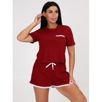 Пижама  женская       Лапша    футболка с шортами   бордовая  однотонная   