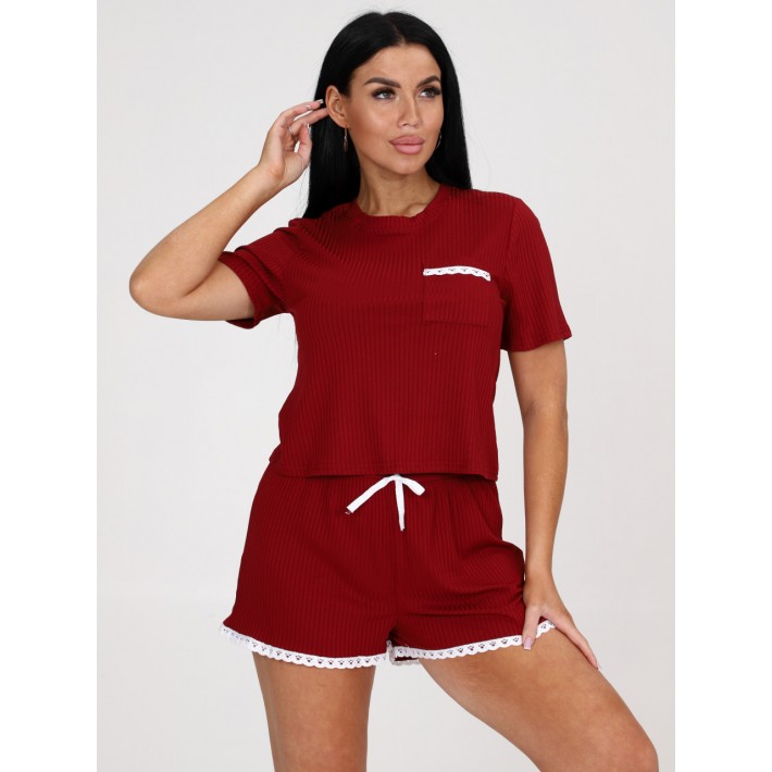 Пижама женская Лапша футболка с шортами бордовая однотонная