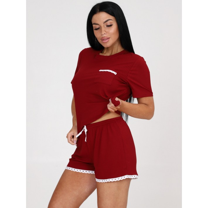 Пижама женская Лапша футболка с шортами бордовая однотонная