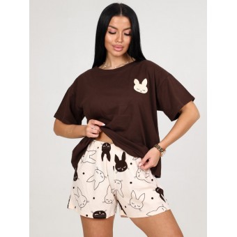 Пижама  женская       из кулирки    футболка с шортами   Бежевый, Коричневый  Животные