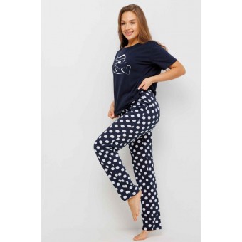 Пижама  женская       из кулирки    футболка с брюками   Темно-синий  Круги Kuzina