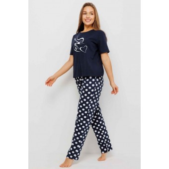 Пижама  женская       из кулирки    футболка с брюками   Темно-синий  Круги Kuzina