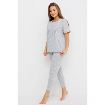 Пижама  женская       из кулирки    футболка с брюками   серая  Горох Kuzina