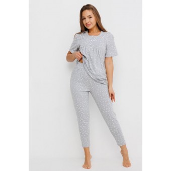 Пижама  женская       из кулирки    футболка с брюками   серая  Горох Kuzina