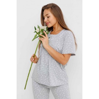 Пижама  женская       из кулирки    футболка с брюками   серая  Горох Kuzina
