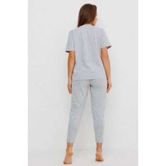 Пижама  женская       из кулирки    футболка с брюками   серая  Горох Kuzina