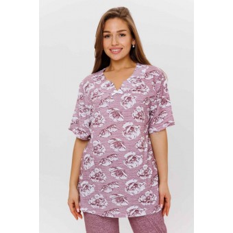 Пижама  женская       из кулирки    футболка с бриджами   розовая  Цветы Kuzina