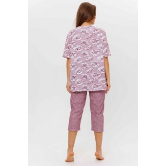 Пижама  женская       из кулирки    футболка с бриджами   розовая  Цветы Kuzina