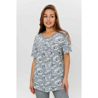 Пижама  женская       из кулирки    футболка с бриджами   серая  Цветы Kuzina