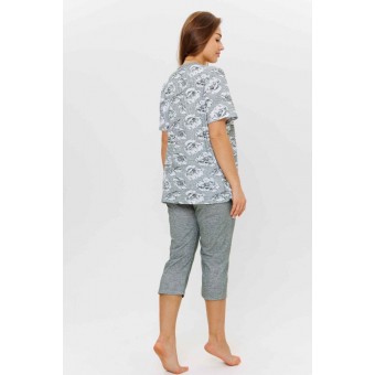 Пижама  женская       из кулирки    футболка с бриджами   серая  Цветы Kuzina