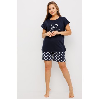 Пижама  женская       из кулирки    футболка с шортами   Темно-синий  Круги Kuzina  