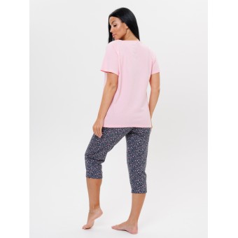 Пижама  женская       из кулирки    футболка с бриджами   Розовый, Серый  Сердечки Kuzina