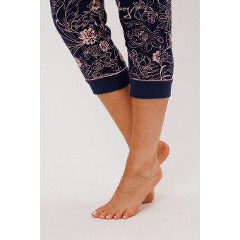 Пижама  женская       из кулирки    футболка с бриджами   синяя  Цветы