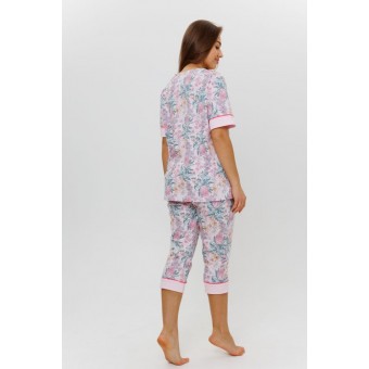 Пижама  женская       из кулирки    футболка с бриджами   розовая  Цветы Kuzina
