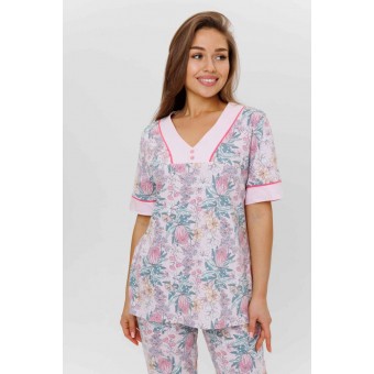 Пижама  женская       из кулирки    футболка с бриджами   розовая  Цветы Kuzina