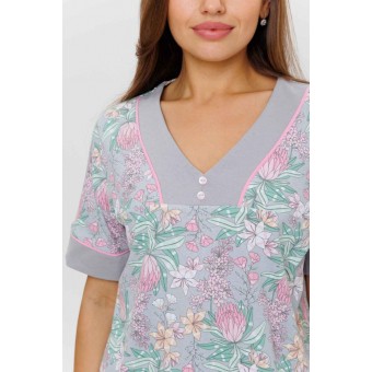 Пижама  женская       из кулирки    футболка с бриджами   серая  Цветы Kuzina