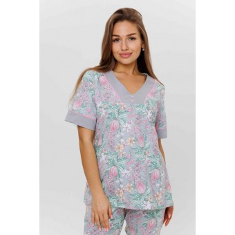 Пижама  женская       из кулирки    футболка с бриджами   серая  Цветы Kuzina