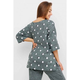 Костюм  женский       из кулирки    футболка с брюками с рукавом 3/4  зеленый  Круги Kuzina