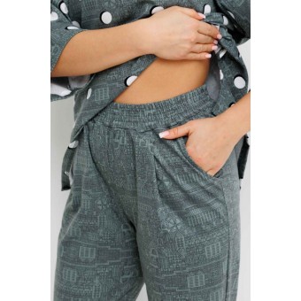 Костюм  женский       из кулирки    футболка с брюками с рукавом 3/4  зеленый  Круги Kuzina