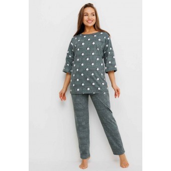 Костюм  женский       из кулирки    футболка с брюками с рукавом 3/4  зеленый  Круги Kuzina