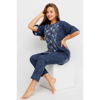 Костюм  женский       из кулирки    футболка с брюками с рукавом 3/4  синий  Надписи Kuzina Одежда