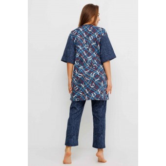 Костюм  женский       из кулирки    футболка с брюками с рукавом 3/4  синий  Надписи Kuzina Одежда