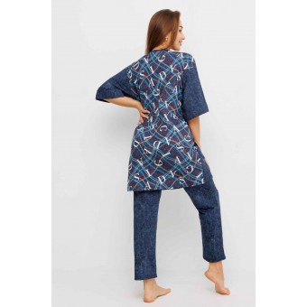 Костюм  женский       из кулирки    футболка с брюками с рукавом 3/4  синий  Надписи Kuzina Одежда