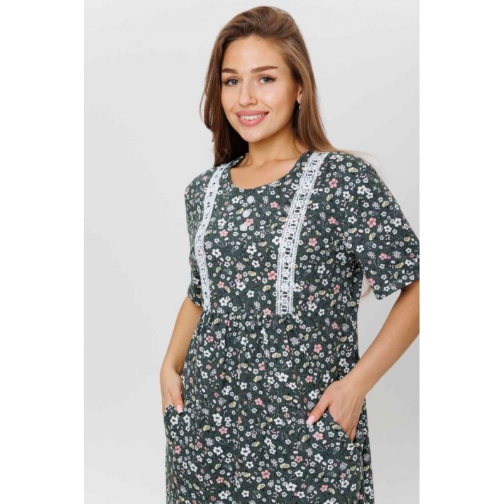 Платье женское из кулирки с коротким рукавом зеленое Цветы Kuzina
