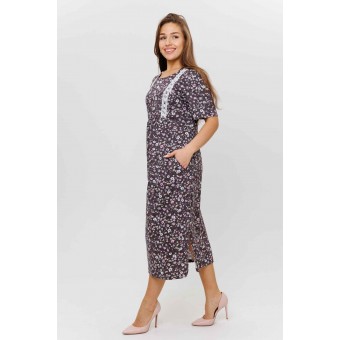 Платье  женское       из кулирки     с коротким рукавом  коричневое  Цветы Kuzina  