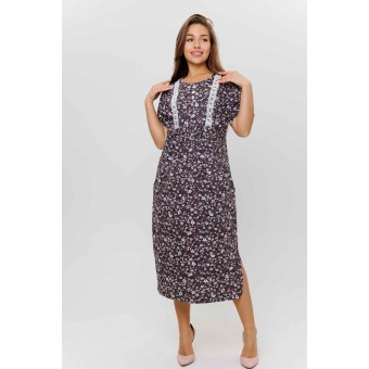 Платье  женское       из кулирки     с коротким рукавом  коричневое  Цветы Kuzina  