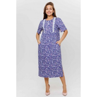 Платье  женское       из кулирки     с коротким рукавом  фиолетовое  Цветы Kuzina