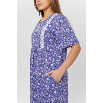 Платье  женское       из кулирки     с коротким рукавом  фиолетовое  Цветы Kuzina