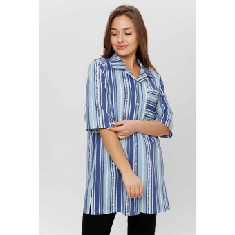 Туника  женская       из кулирки   на пуговицах  с рукавом 1/2  Голубой, Синий  Полоска Kuzina  