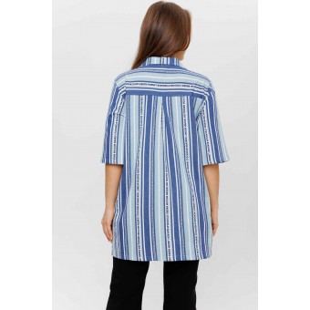 Туника  женская       из кулирки   на пуговицах  с рукавом 1/2  Голубой, Синий  Полоска Kuzina  