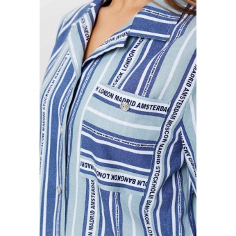 Туника  женская       из кулирки   на пуговицах  с рукавом 1/2  Голубой, Синий  Полоска Kuzina  