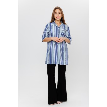 Туника  женская       из кулирки   на пуговицах  с рукавом 1/2  Голубой, Синий  Полоска Kuzina  