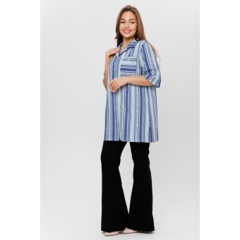 Туника  женская       из кулирки   на пуговицах  с рукавом 1/2  Голубой, Синий  Полоска Kuzina  