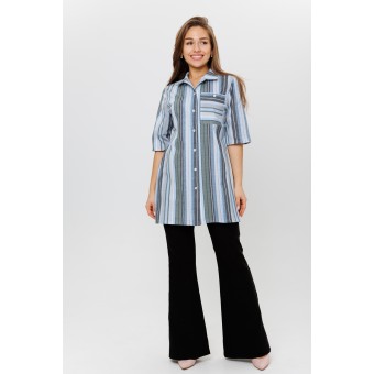 Туника  женская       из кулирки   на пуговицах  с рукавом 1/2  Зеленый, Синий  Полоска Kuzina  
