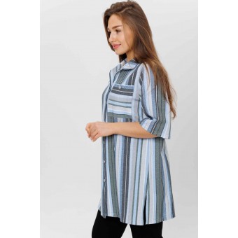 Туника  женская       из кулирки   на пуговицах  с рукавом 1/2  Зеленый, Синий  Полоска Kuzina  