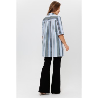 Туника  женская       из кулирки   на пуговицах  с рукавом 1/2  Зеленый, Синий  Полоска Kuzina  