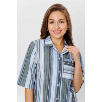 Туника  женская       из кулирки   на пуговицах  с рукавом 1/2  Зеленый, Синий  Полоска Kuzina  