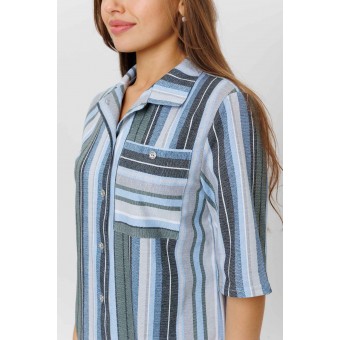 Туника  женская       из кулирки   на пуговицах  с рукавом 1/2  Зеленый, Синий  Полоска Kuzina  