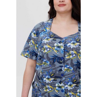 Халат  женский       из кулирки   на пуговицах  с коротким рукавом  синий