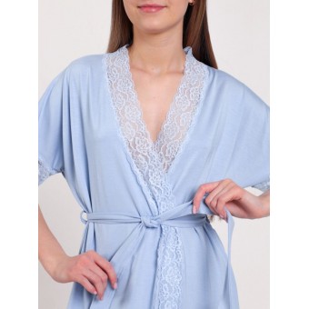 Халат  женский       из вискозы   с запахом  с коротким рукавом  голубой