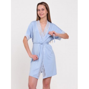 Халат  женский       из вискозы   с запахом  с коротким рукавом  голубой
