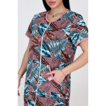 Халат  женский       из кулирки   на молнии  с коротким рукавом  коричневый