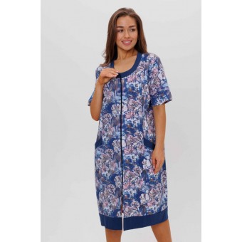 Халат  женский       из кулирки   на молнии  с коротким рукавом  синий